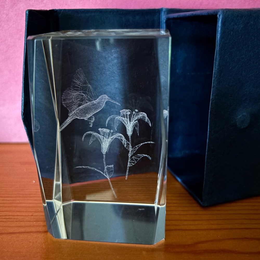 3D etched crystal hummingbird with box